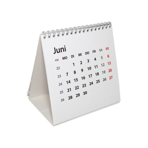 Tischkalender mit Spiralbindung und aufstellbarem Dreiecksfuß.
