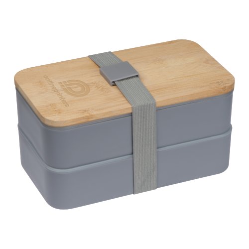 Graue Lunchbox mit Bambusdeckel und elastischem Band.