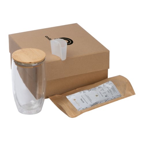 Mehrfarbiges Tee-Geschenkset mit Glas, Bambusdeckel und Zubehör.