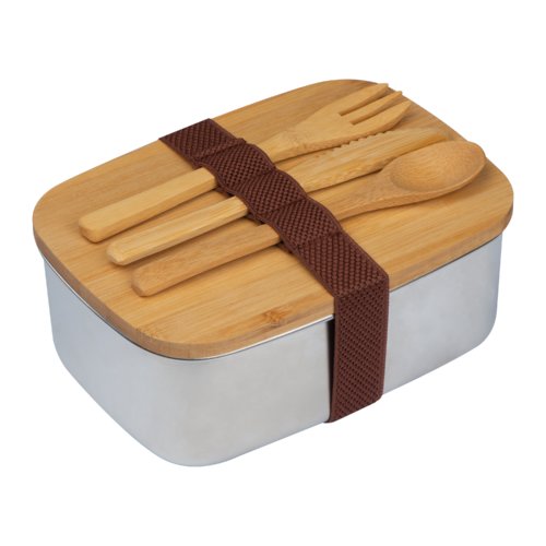 Beige Brotzeitbox aus Edelstahl mit Bambusdeckel und elastischem Band.