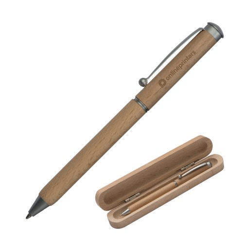 Holzfarbener Buchenholz-Kugelschreiber mit Metallelementen und passender Box.