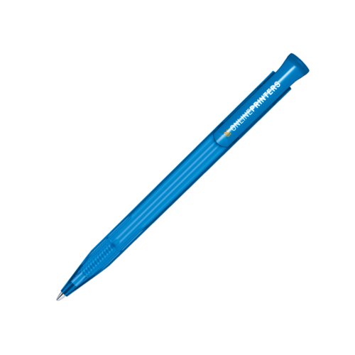 Blauer Kunststoff-Kugelschreiber mit Druckknopf.