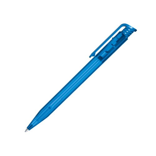 Blauer Kunststoff-Kugelschreiber mit Clip und Druckmechanismus.