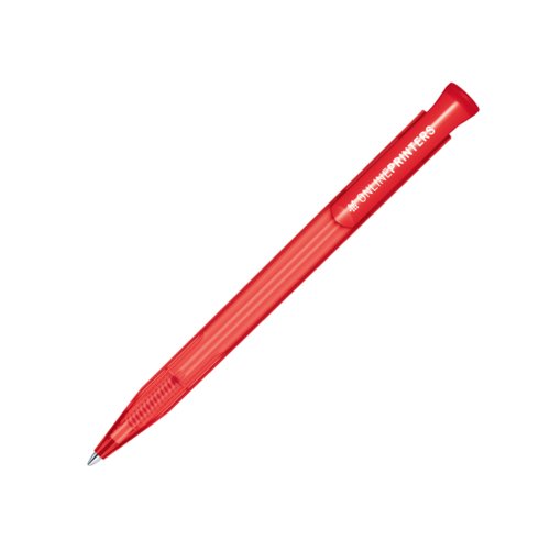 Roter Kunststoff-Kugelschreiber mit Druckknopf-Mechanik.