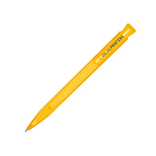 Gelber Kunststoff-Kugelschreiber mit Druckknopf und Clip.
