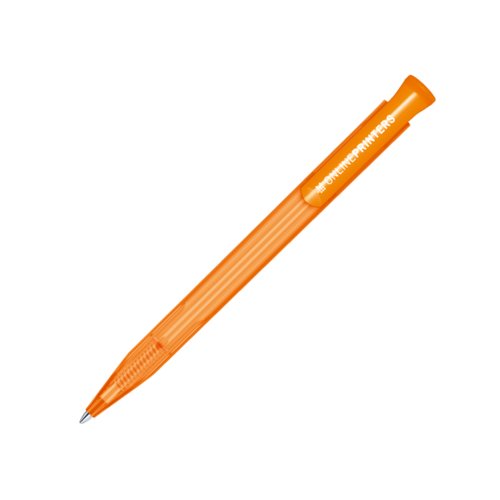 Oranger Kunststoff-Kugelschreiber mit Druckmechanismus.