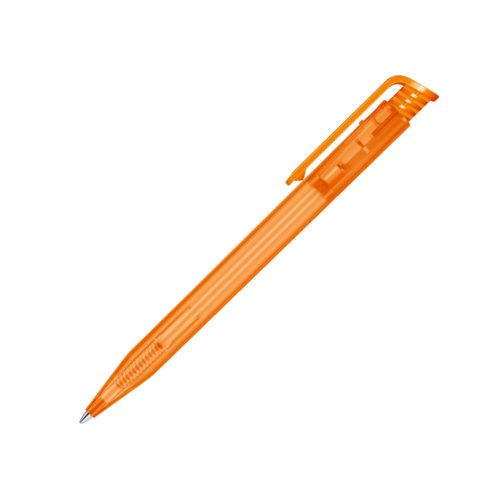 Oranger Kunststoff-Kugelschreiber mit Druckknopf und Clip.
