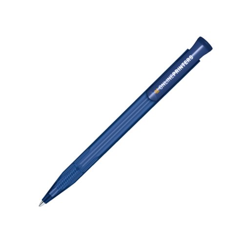 Dunkelblauer Kugelschreiber aus Kunststoff mit Druckknopf.