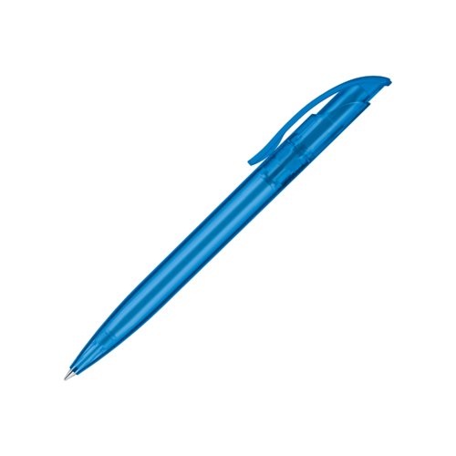 Blauer, durchscheinender Kunststoff-Kugelschreiber mit Clip und Druckmechanik.