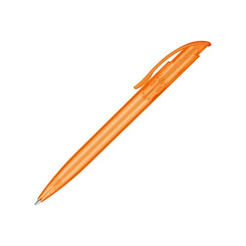 Orangefarbener Kunststoff-Kugelschreiber mit Clip und Druckmechanik.