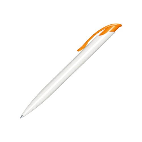 Weier Kunststoff-Kugelschreiber mit farbigem Clip und Druckknopf.