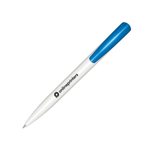 Weier/Blauer Kunststoff-Kugelschreiber mit polierter Oberflche und Druckknopf.