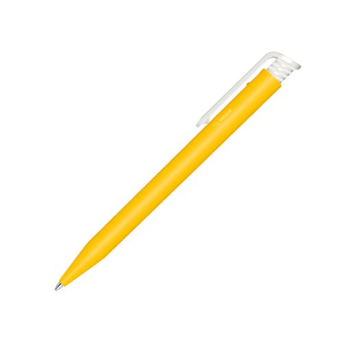 Gelber Bio-Kugelschreiber mit Clip und Druckmechanismus.