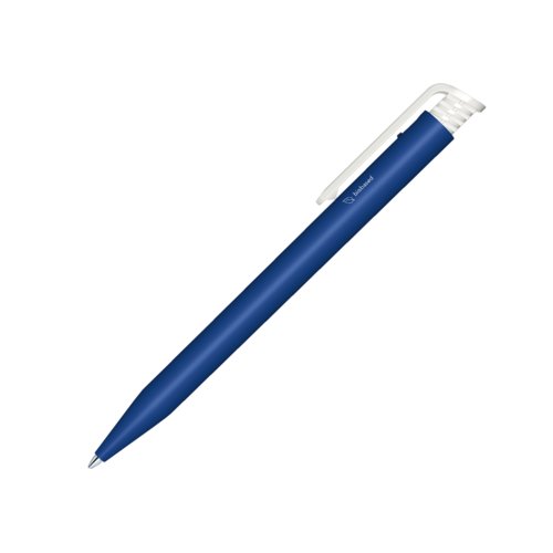 Dunkelblauer Bio-Kugelschreiber mit Clip und Druckmechanik.