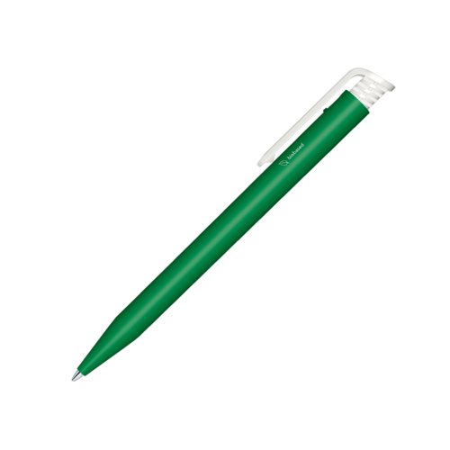 Grner Kugelschreiber aus Biokunststoff mit Clip und Druckknopf.