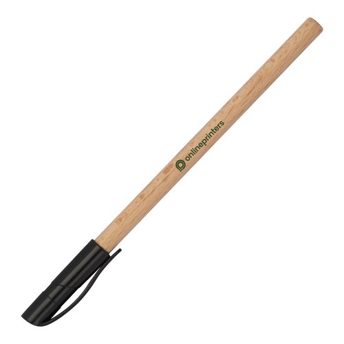 Holz-Kugelschreiber mit schwarzer Spitze und Clip.