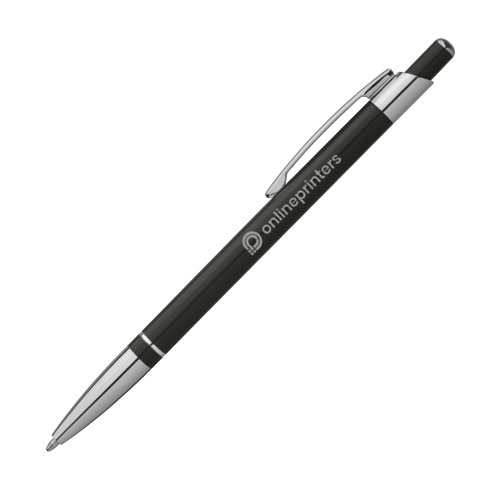 Schwarzer Metall-Kugelschreiber mit Clip und Druckmechanismus.