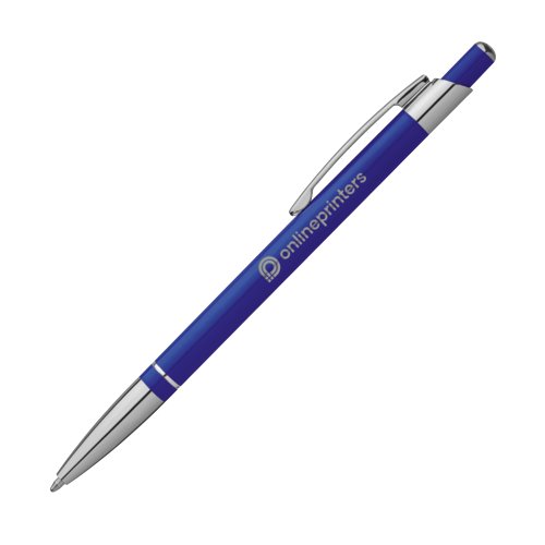 Blauer Metall-Kugelschreiber mit Clip und Druckknopf.