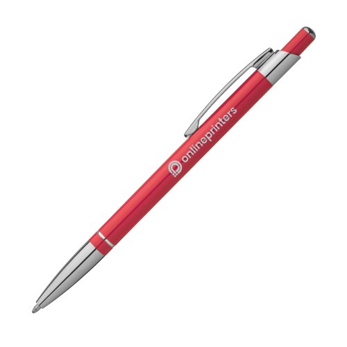 Roter Metall-Kugelschreiber mit Clip und Druckknopf.