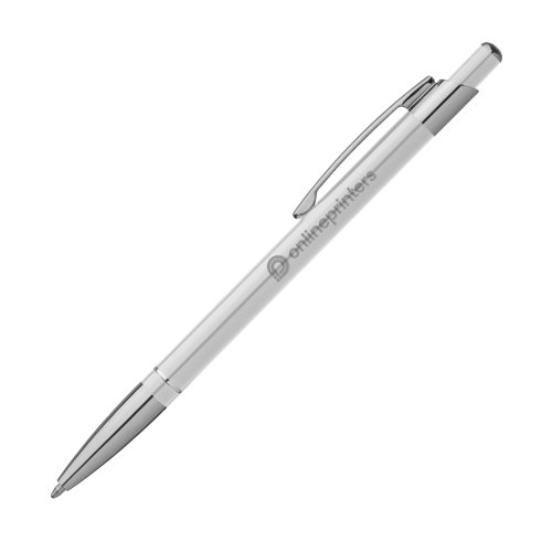Weißer Metall-Kugelschreiber mit Clip und Druckmechanismus.