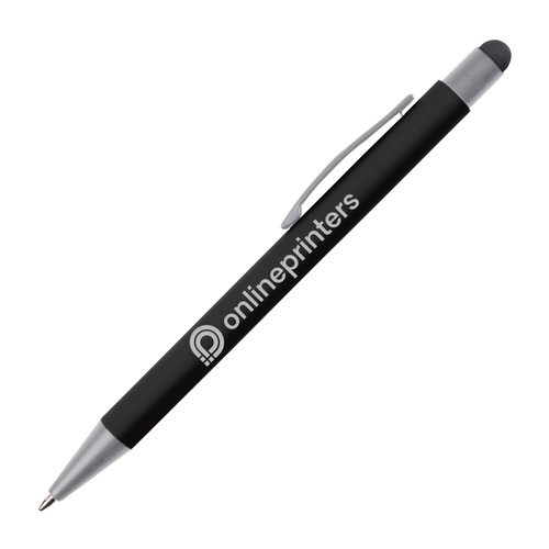 Schwarzer Touchpen-Kugelschreiber mit Clip und Touchscreen-Spitze.