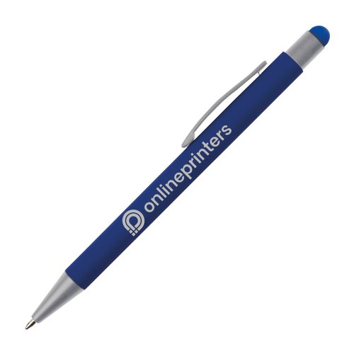 Blauer Touchpen mit Clip und Gummispitze.