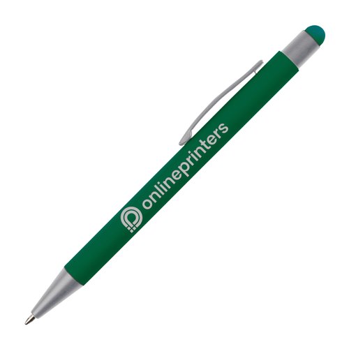 Grüner Touchpen Kugelschreiber mit Clip und Eingabestiftspitze.