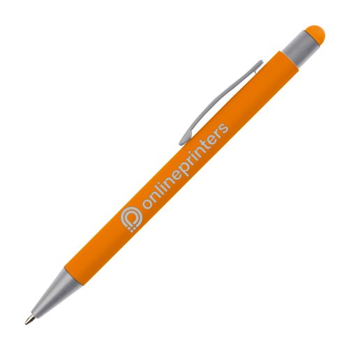 Oranger Kunststoff-Kugelschreiber mit Touchpen und Clip.