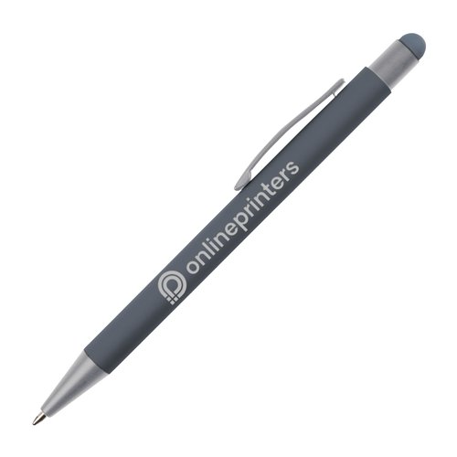 Grauer Kugelschreiber aus Metall mit Touchpen und Clip.