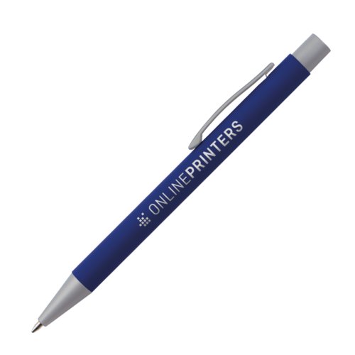 Blauer Kugelschreiber mit Clip und Druckmechanismus.