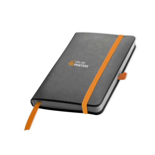 Oranges Notizbuch mit Gummiband und Leseband.