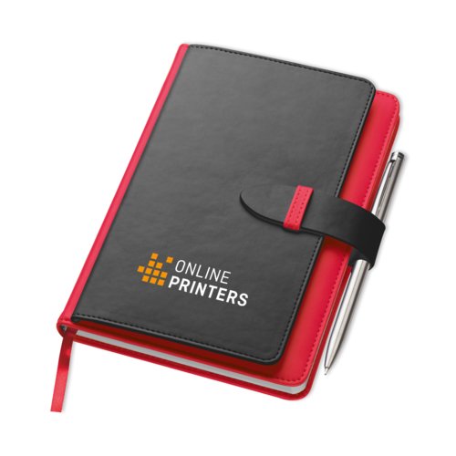 Rotes Notizbuch mit Verschlussband.
