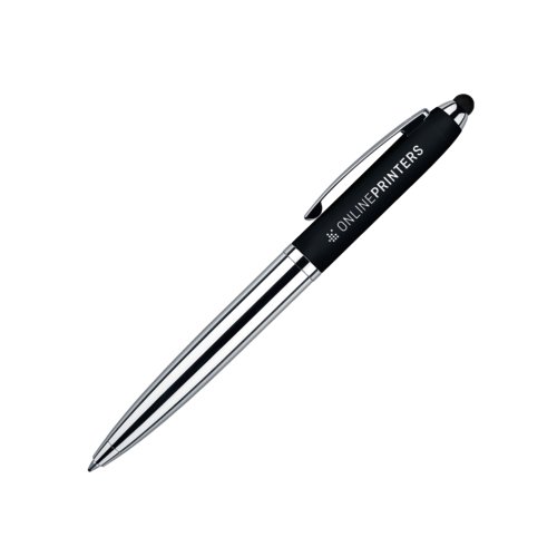 Schwarzer Metall-Kugelschreiber mit Touchpad und Drehmechanismus.