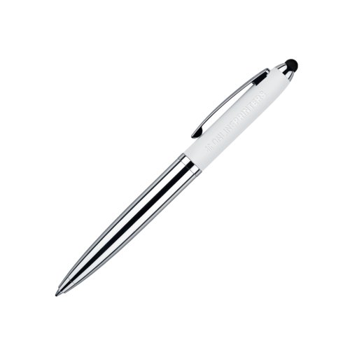 Weisser Metall-Kugelschreiber mit Touchpad und Drehmechanismus.