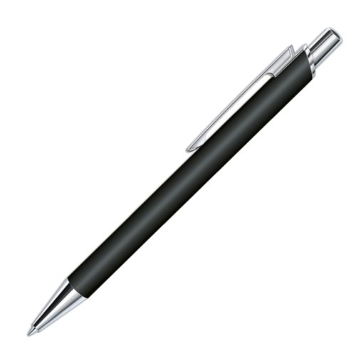 Schwarzer Kugelschreiber mit Druckmechanik und Soft-Touch-Oberflche.