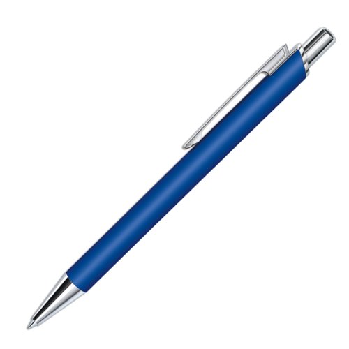 Dunkelblauer Kugelschreiber aus Kunststoff mit Soft-Touch-Oberflche und Clip.
