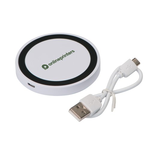 Weißes Induktionsladegerät mit USB-Kabel.