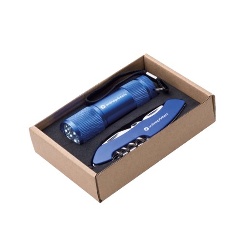 Blaues Set aus Taschenlampe mit Handschlaufe und Taschenmesser mit diversen Werkzeugen.