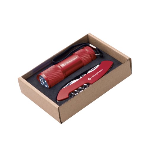Rotes Set aus Metall-Taschenlampe mit Handschlaufe und Taschenmesser mit Werkzeugen.