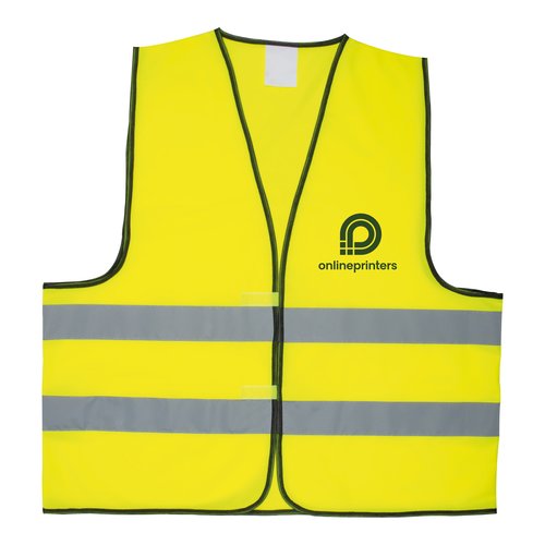Gelbe Sicherheitsweste mit Reflexstreifen und Klettverschluss.