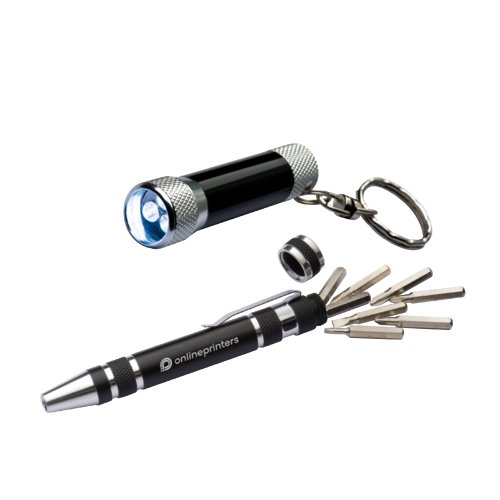 Schwarzes Schraubenzieher-Set mit LED-Taschenlampe.