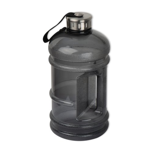 Schwarze Kunststoff-Trinkflasche mit Deckel und Trageschlaufe.