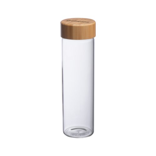 Transparente Glasflasche mit Bambusdeckel.