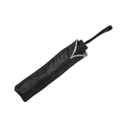 Schwarzer Taschenschirm mit Trageschlaufe.