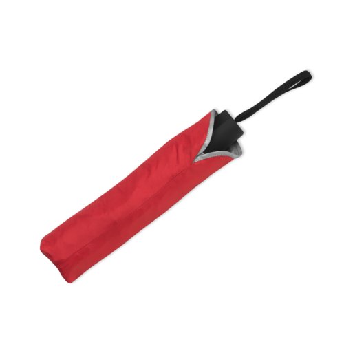 Roter Taschenschirm mit Trageschlaufe und passender Schutzhülle.