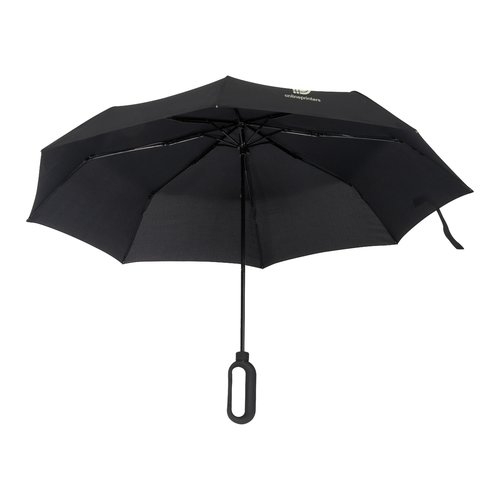 Schwarzer Regenschirm mit speziellem Griff.
