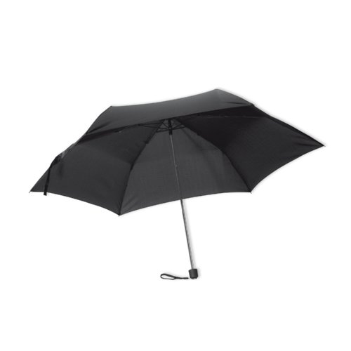 Schwarzer Mini-Regenschirm mit Windsicherung.
