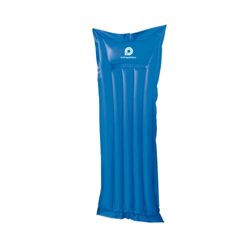 Blaue Luftmatratze aus Kunststoff mit Kopfkissen.