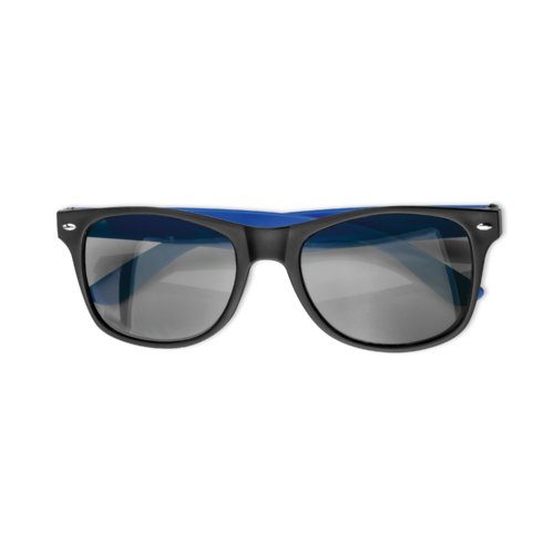 Blaue Kunststoff-Sonnenbrille im klassischen Design.
