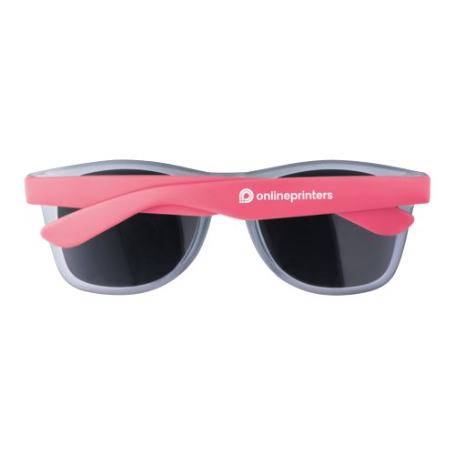 Pinke Kunststoff-Sonnenbrille mit dunklen Glsern.